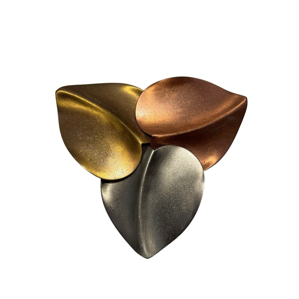 Vintage Copper Silver Gold Tones Heart Shaped Leaves Trio Nature Brooch Pin